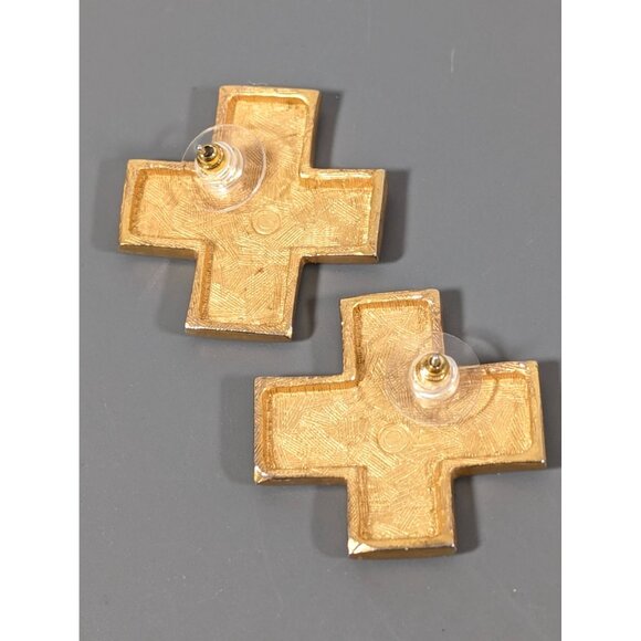 Vintage Avon Gold Tone Matte Cross Earrings Bold Statement Retro - Picture 5 of 6
